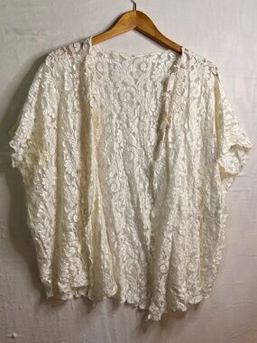 Vtg Rebecca Intimates Floral Lace Cardigan Kimono Coverup Size L Ivory Sheer USA